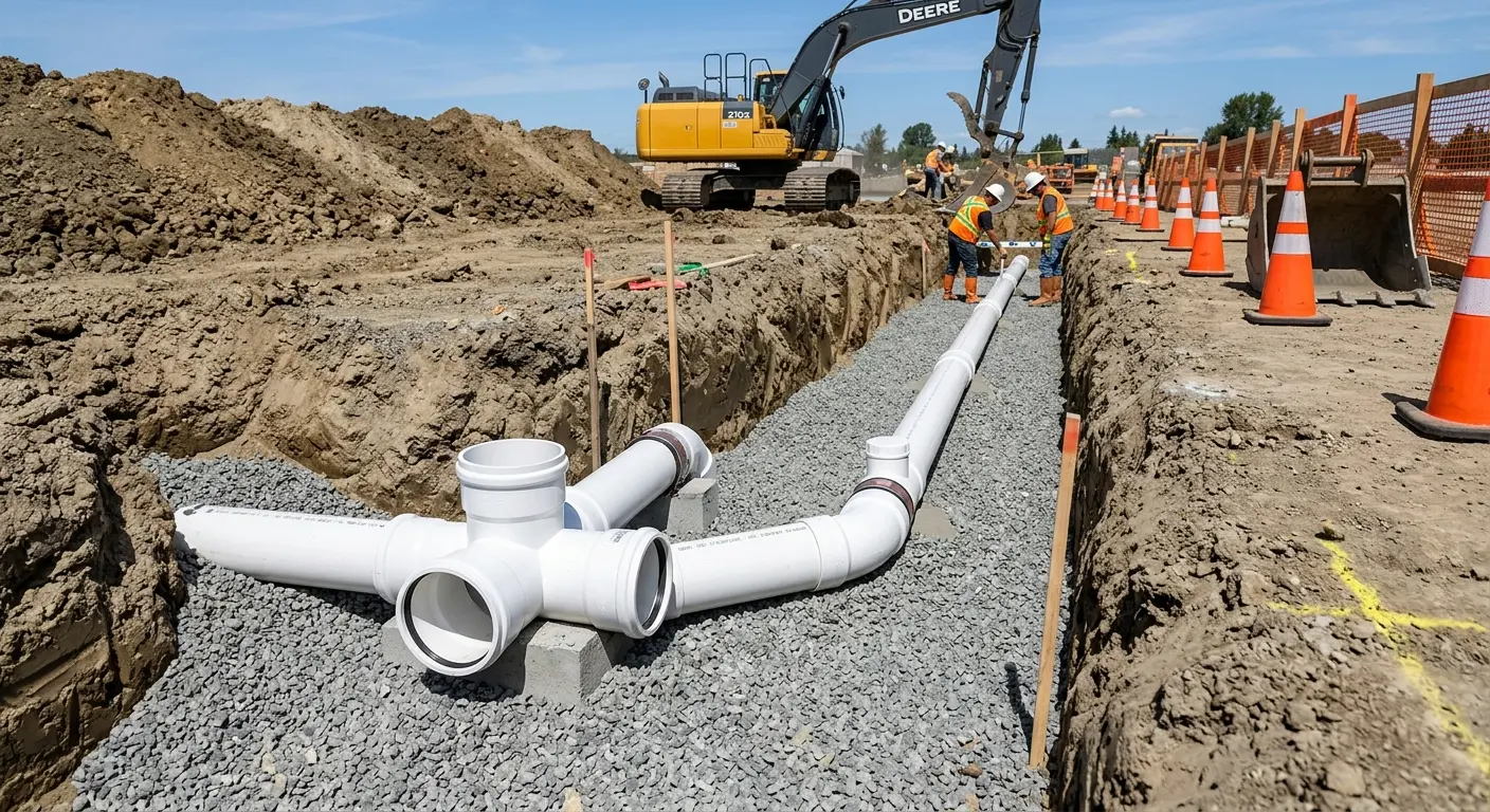 New PVC sewer pipe installation in open trench for Commercial Drain Cleaning in Holdrege