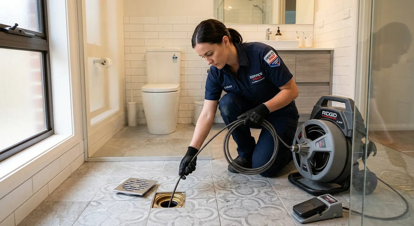 Technician clearing a bathroom floor drain for Drain Cleaning in Holdrege